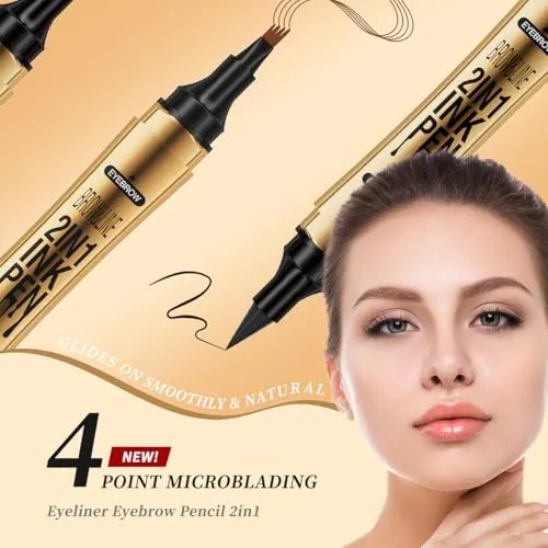 2 in 1 Eyebrow Microblading Pen, 2024 New 3D Microblading Eyebrow Pen Tattoo Pencil 4 Fork Tip, Waterproof Magic Microblading Eyebrow Pencil for Natural Makeup Last All Day - 9703#Black