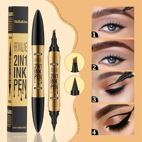 2 in 1 Eyebrow Microblading Pen, 2024 New 3D Microblading Eyebrow Pen Tattoo Pencil 4 Fork Tip, Waterproof Magic Microblading Eyebrow Pencil for Natural Makeup Last All Day - 9703#Black