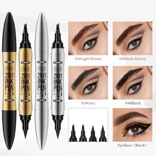 2 in 1 Eyebrow Microblading Pen, 2024 New 3D Microblading Eyebrow Pen Tattoo Pencil 4 Fork Tip, Waterproof Magic Microblading Eyebrow Pencil for Natural Makeup Last All Day - 9704#Grey