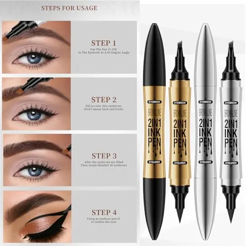2 in 1 Eyebrow Microblading Pen, 2024 New 3D Microblading Eyebrow Pen Tattoo Pencil 4 Fork Tip, Waterproof Magic Microblading Eyebrow Pencil for Natural Makeup Last All Day - 9704#Grey