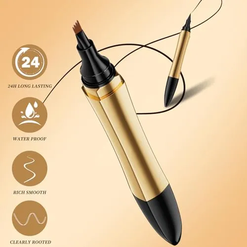 2 in 1 Magic Eyebrow Pencil, 3D Microblading Eyebrow Tattoo Pencil 4 Fork Tip with Eyeliner, Multifunction Double Head Contouring Pen Waterproof Makeup Tools for Natural Eyebrow Makeup (Black)