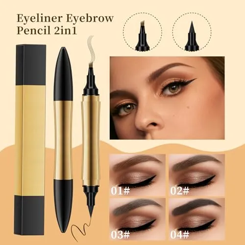 2 in 1 Magic Eyebrow Pencil, 3D Microblading Eyebrow Tattoo Pencil 4 Fork Tip with Eyeliner, Multifunction Double Head Contouring Pen Waterproof Makeup Tools for Natural Eyebrow Makeup (Black)