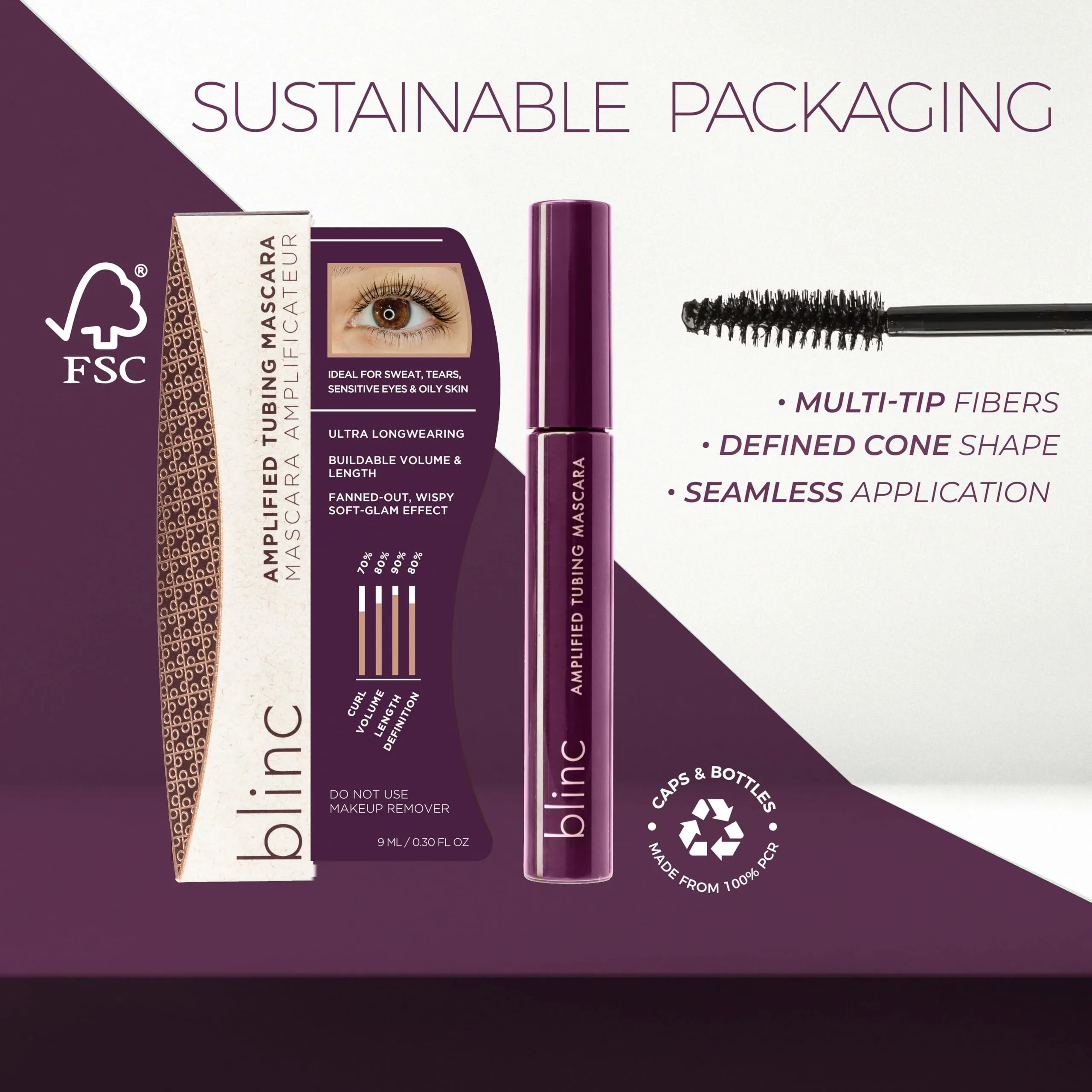 Blinc Amplified Tubing Mascara, Ultra-Longwearing Washable, Soft-Glam Volumizing, Lengthening and Defining, Gluten & Cruelty Free, Black, 9mL / 0.30 Fl. OZ