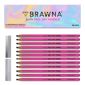 BRAWNA 12 Pcs Brow Pro Peel Off Pencils with 1 Sharpener - Waterproof Eyebrow Mapping Pencil - Microblading Supplies - PMU Kit - Black