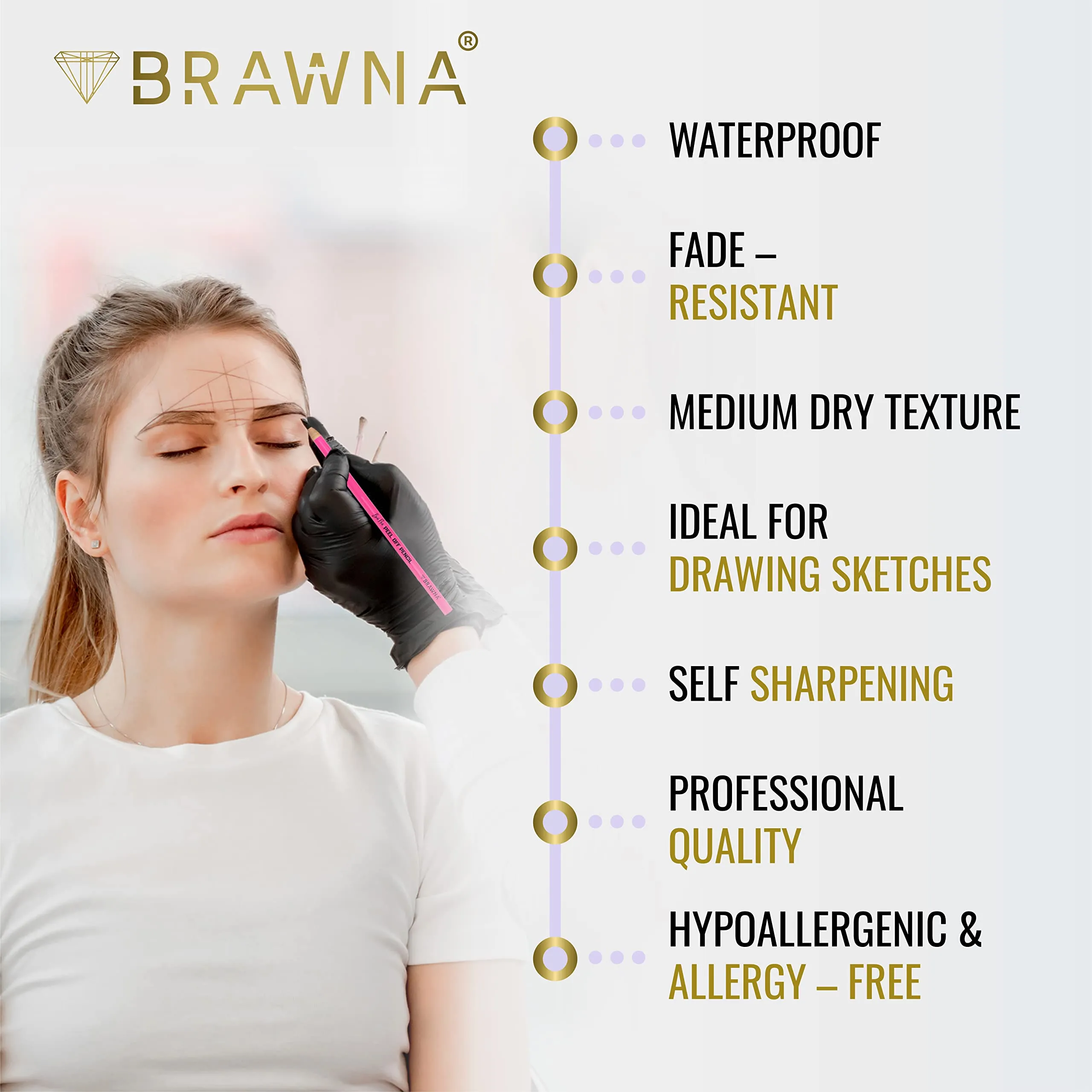 BRAWNA 12 Pcs Brow Pro Peel Off Pencils with 1 Sharpener - Waterproof Eyebrow Mapping Pencil - Microblading Supplies - PMU Kit - Black