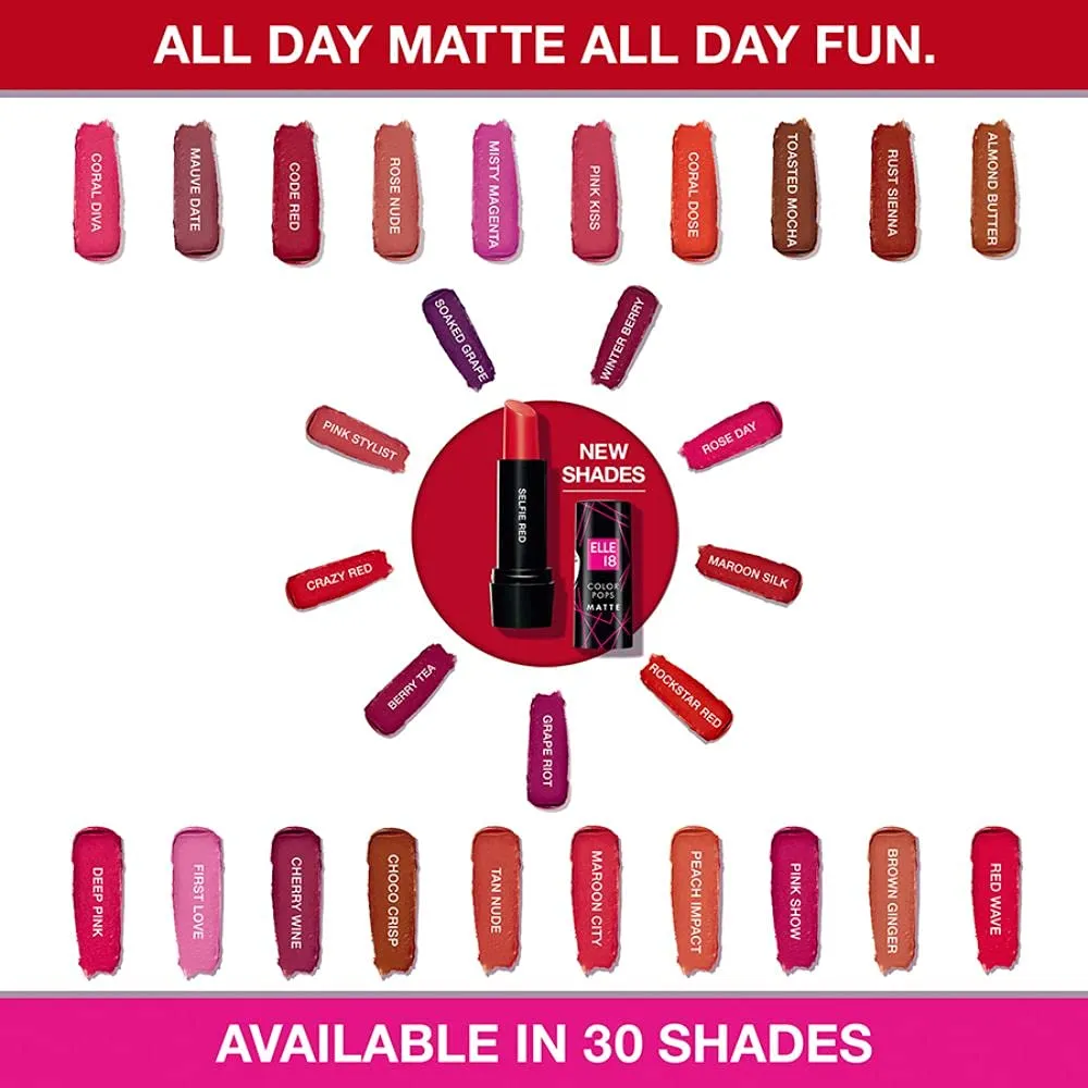 Elle 18 Color Pop Matte Lip Color, R31, Crazy Red, 4.3 g (Matte)