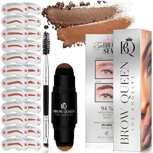 Eyebrow Stamp Kit - Professional Eye Brow Stencil Kits with Dual-Color Eyebrow Powder Stamp, 24 Shaping Guide Templates, Brow Shaper Brush - Waterproof, Smudge-Proof Formula - (Light Brown)