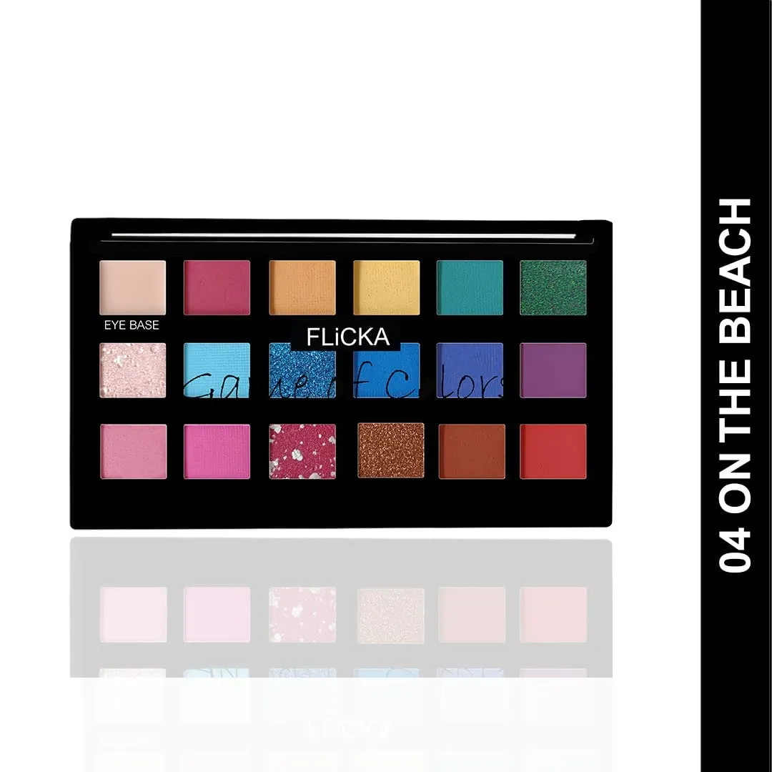 FLiCKA Game Of Colors Makeup Eyeshadow Palette| Matte & Shimmery Finish, Smudge Proof, Crease Proof & Smear Proof| Highly Pigmented & Easy To Blend, 04 On The Beach, 18g