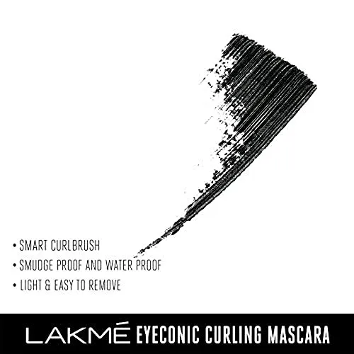 Lakme Eyeconic Curling Mascara, Black, Waterproof Mascara with Smart Curl Brush for Voluminous Lashes - Smudge Proof Eye Makeup, 9 ml