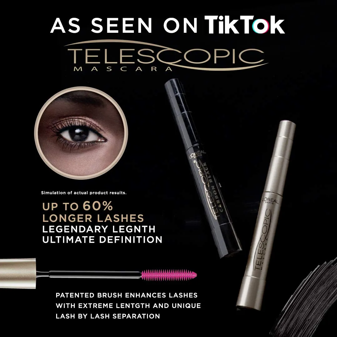 L'Oreal Paris Makeup Telescopic Original Lengthening Mascara, Carbon Black, 0.27 Fl Oz (Pack of 2)