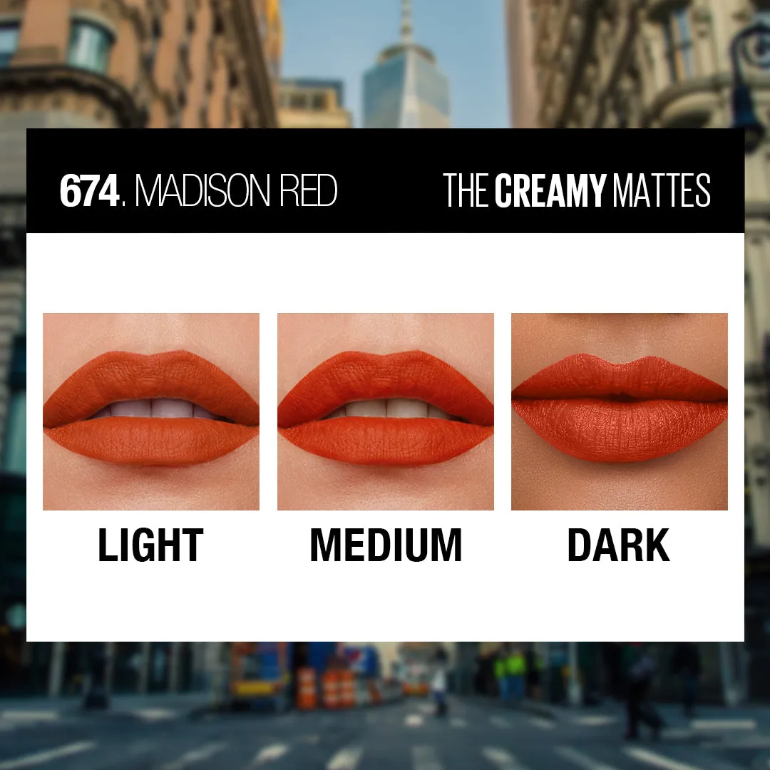 Maybelline New York Color Sensational Creamy Matte Lipstick, 674 Madison Red, 3.9g